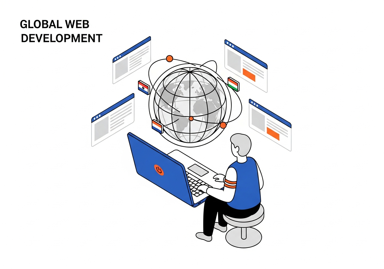 タイ・ベトナムで集客できるホームページを制作する様子のイラスト